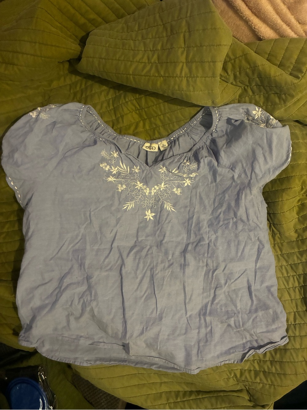 💰5/$10 Light Blue Embroidered Cap-Sleeve Women’s Top